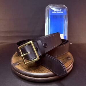 Galls 157 Trouser Belt Size 60" Stitched Leather Plain Black Gold Brass Buckle